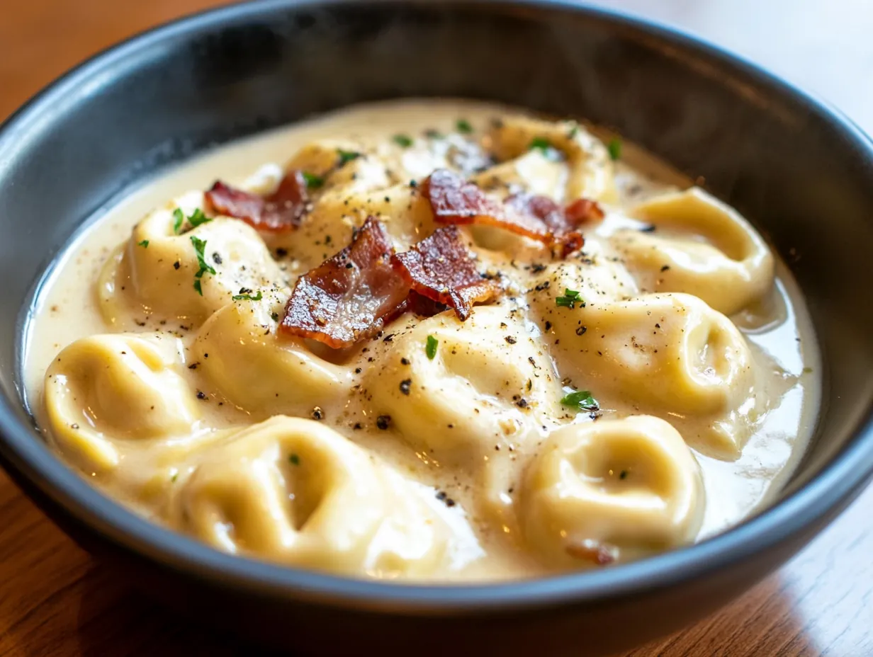 Quick & Creamy Tortellini Carbonara: 30-Minute Weeknight Bliss finished dish