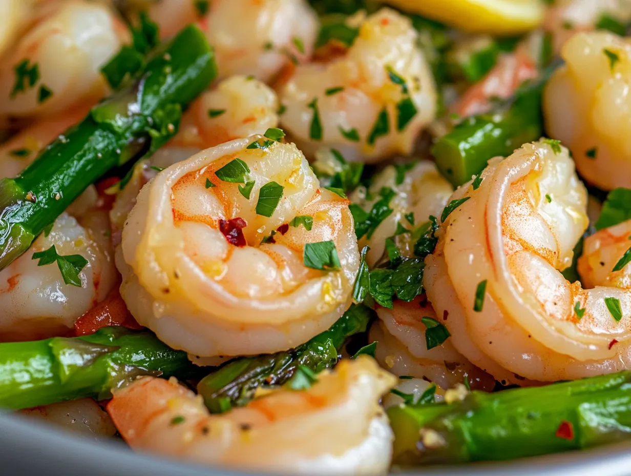 Quick Lemon Garlic Shrimp & Asparagus in 20 Minutes finished dish