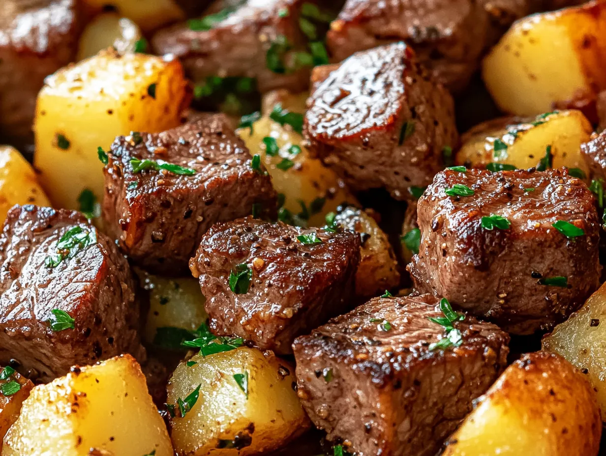 Savory Garlic Steak Bites and Potatoes: Your New Favorite Dinner finished dish