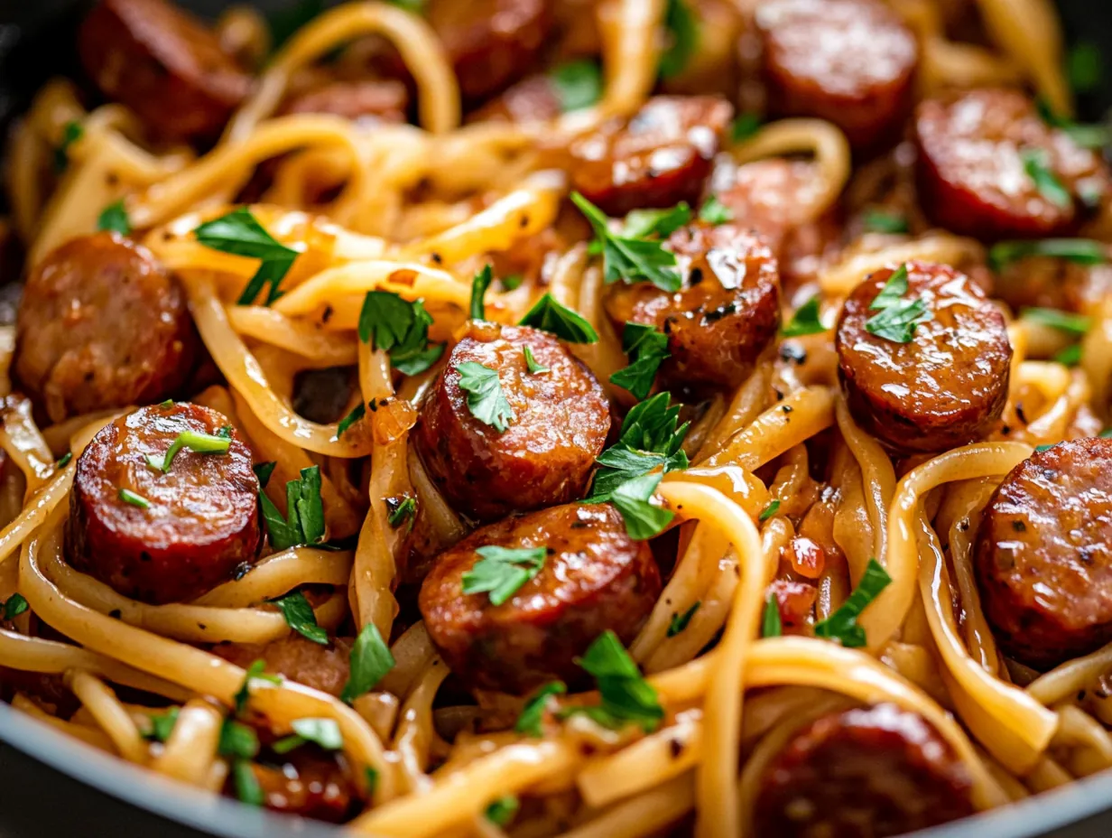 Sweet & Savory Sticky Honey Garlic Sausage Pasta Skillet: Your New Weeknight Favorite finished dish